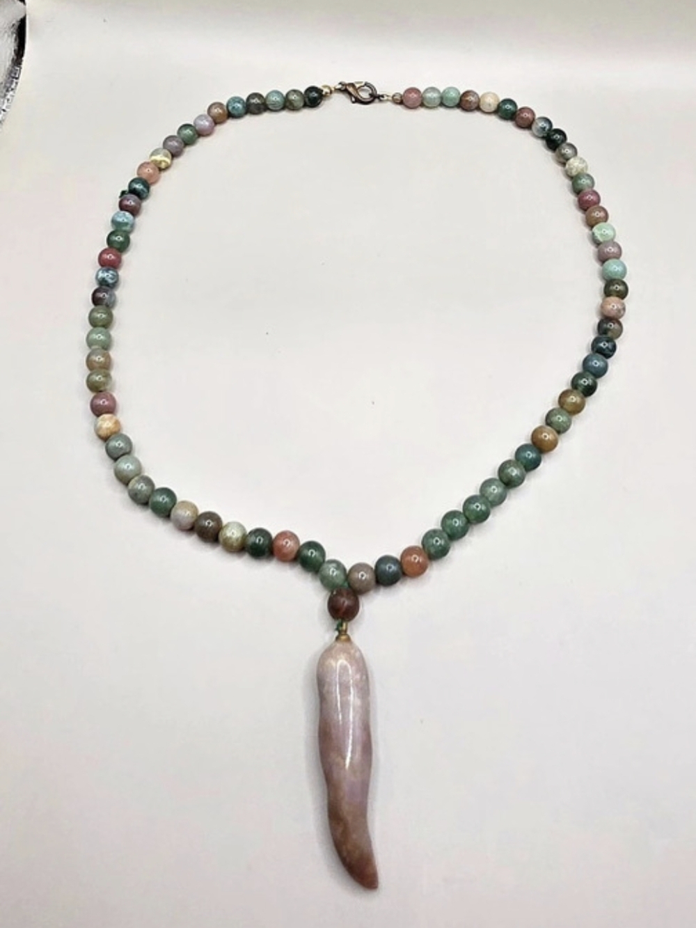 Multicolor Stone Beaded Necklace Pink Stone Horn Tusk Pendant 18" Boho